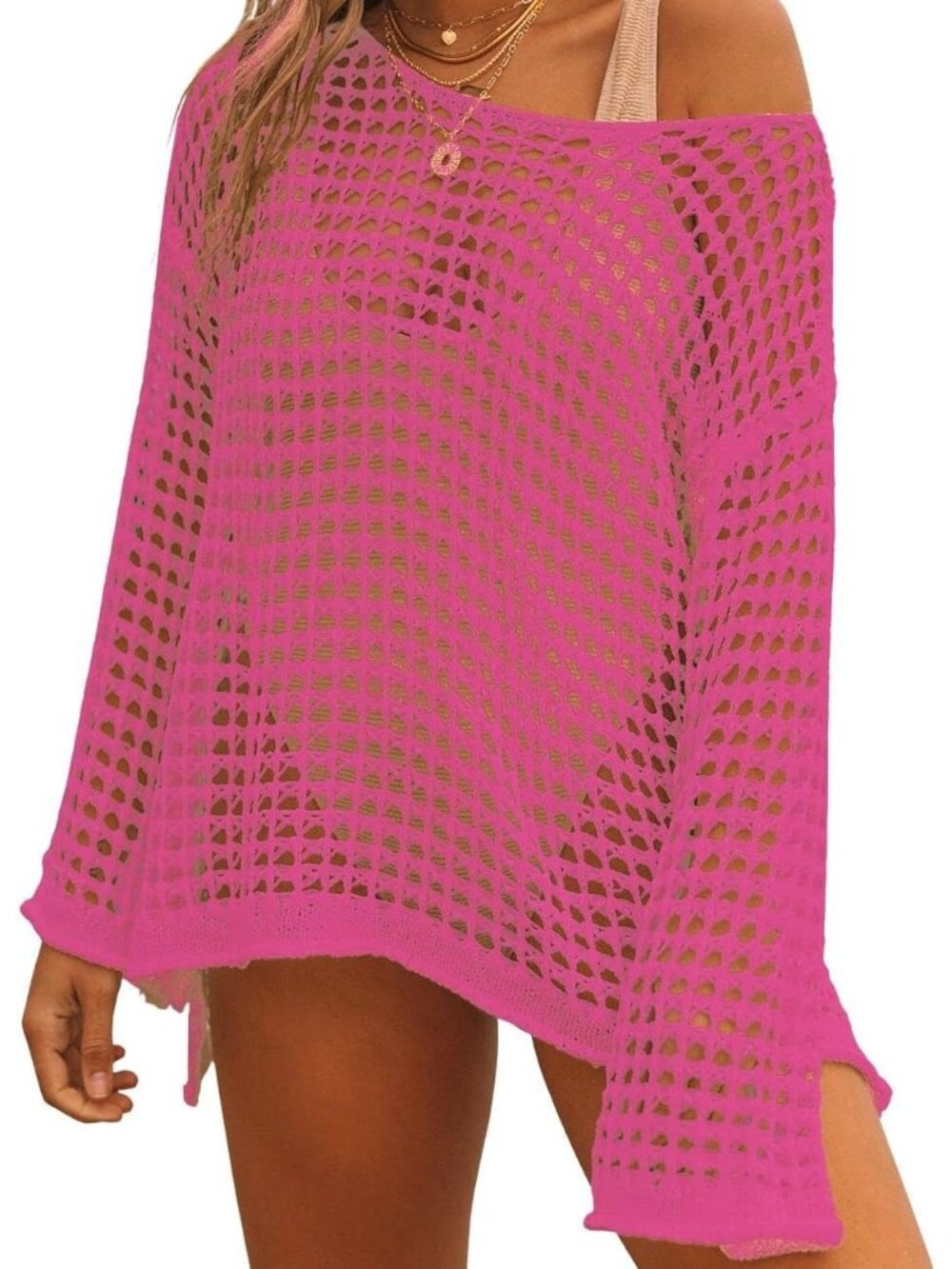 Women's Rose Red Hollow Out Knit Crochet Polyester Imported Swim Cover Up